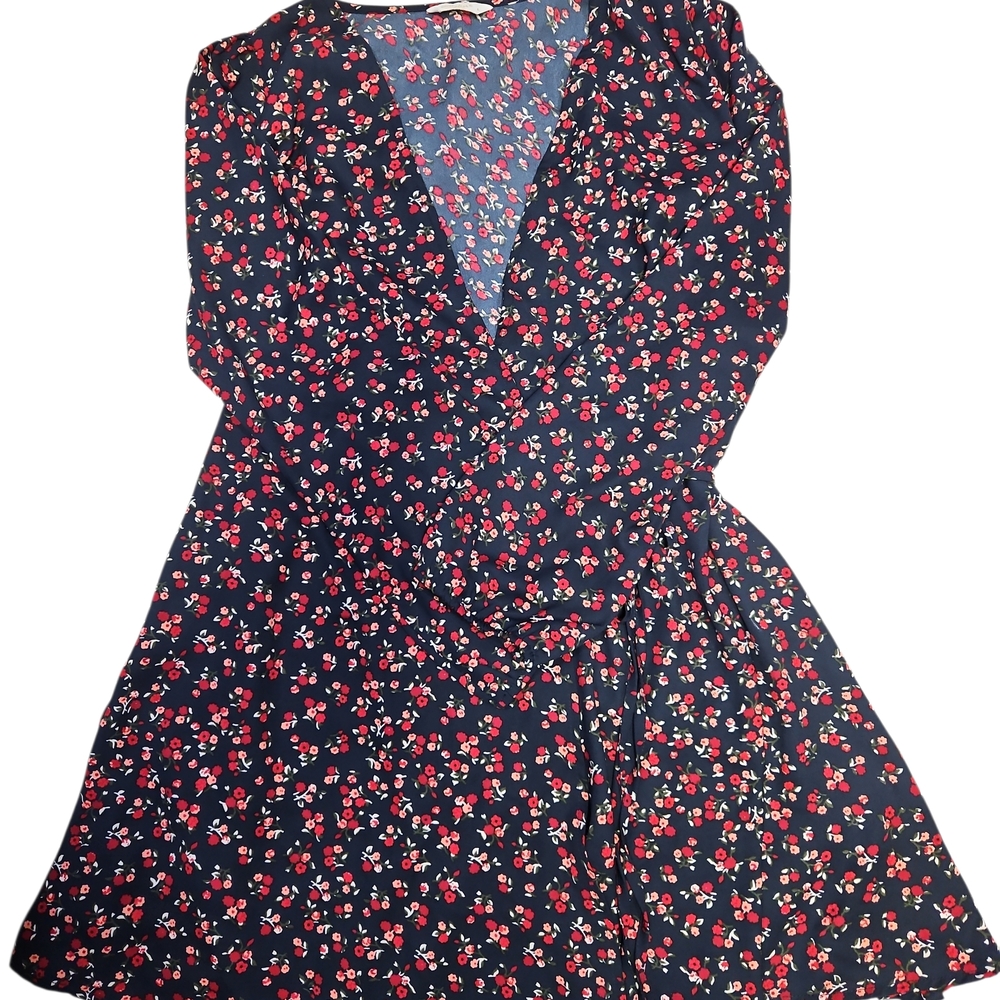 Berrylush Floral Wrap Dress Long Sleeve V Neck Navy Red Size L